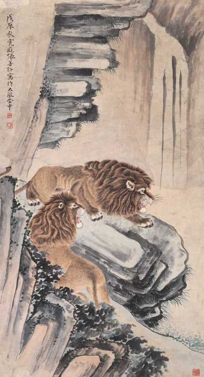 张善孖 戊辰（1928年）作 双狮 立轴